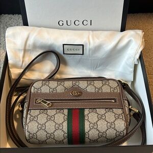Gucci Beige and Brown Crossbody Bag with Green and Red Stripe